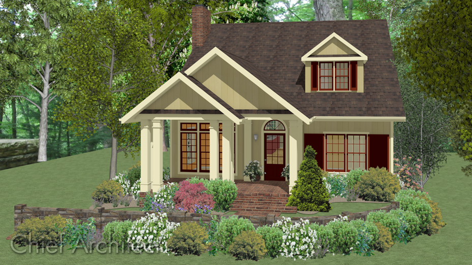 Cottage with a dormer and gable roofs