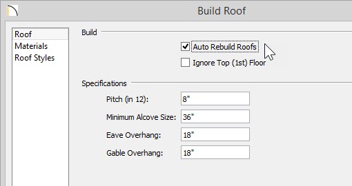 Build Roof Build Roof dialog with Auto Rebuild Roofs selected