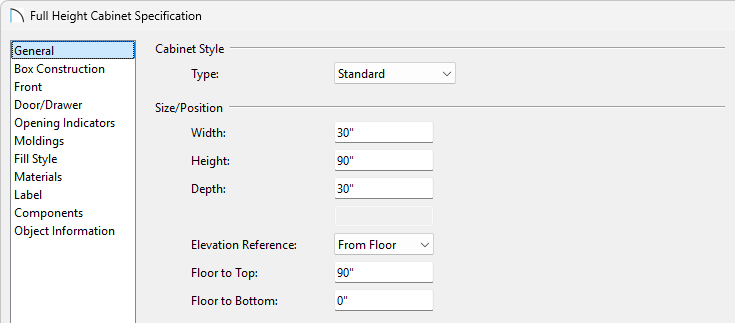 Set the Width, Height, and Depth of the full height cabinet