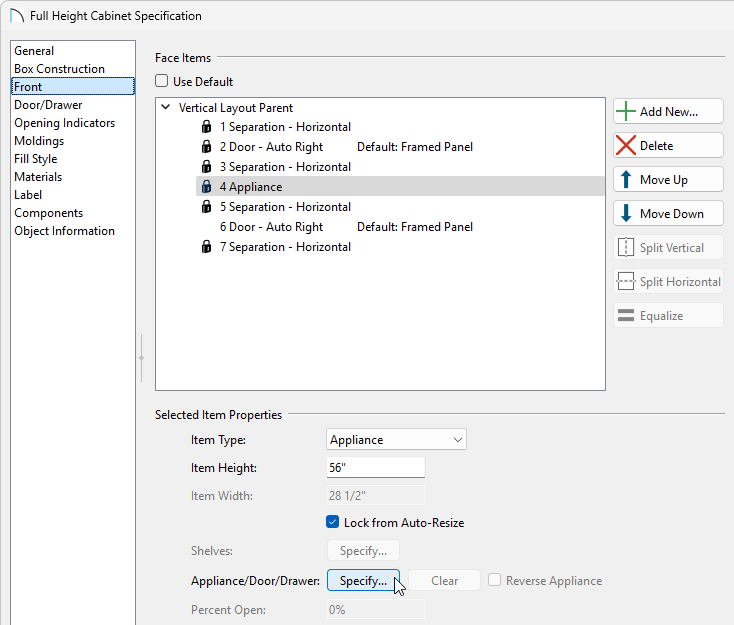 Click the Specify button to select an appliance from the library