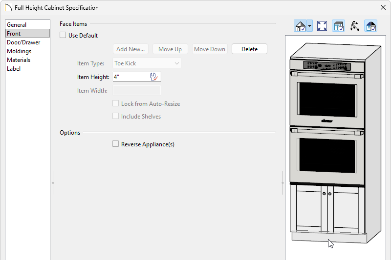 Selecting the toe kick in the 3D preview