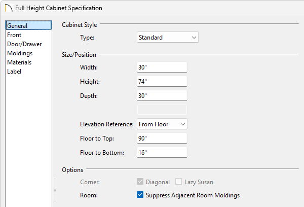 General panel of the Full Height Cabinet Specification dialog