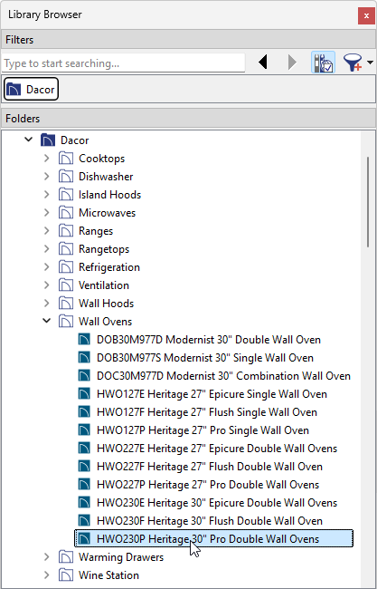Selecting the double wall oven in the Library Browser