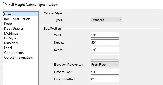 Set the Width, Height, and Depth of the full height cabinet