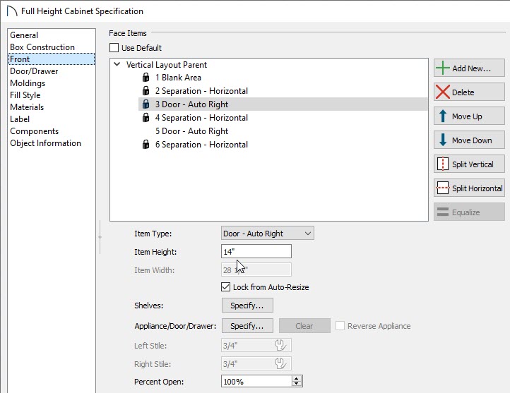 Setting the Item Height of the top face item