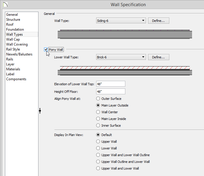Wall Specification Wall Specification dialog, Wall Types panel with a checkmark in the Pony Wall box