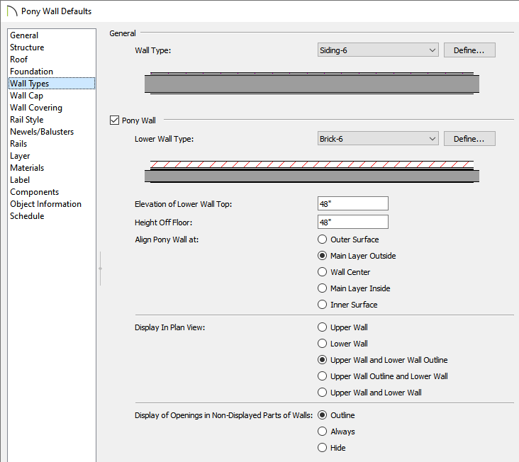 Wall Types panel of the Pony Wall Defaults dialog