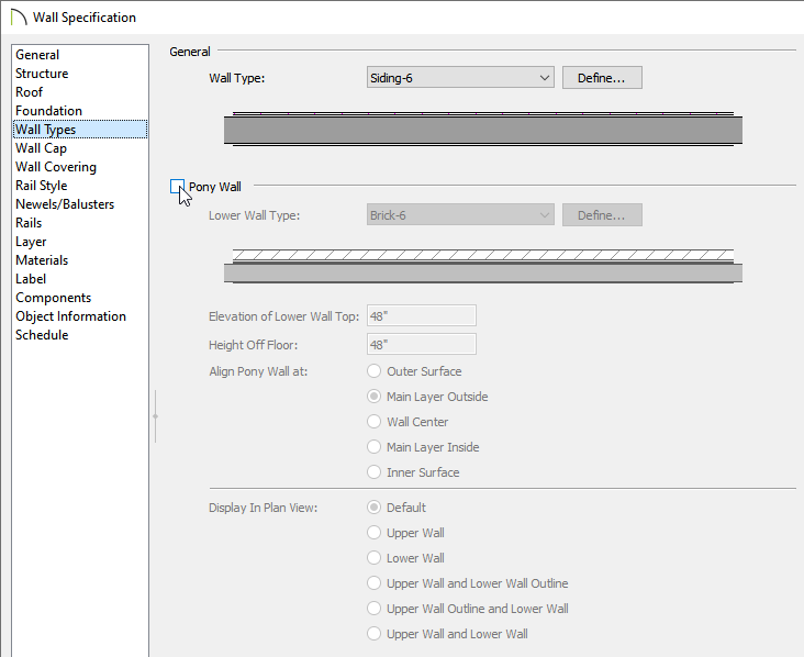 Wall Types panel of the Wall Specification dialog