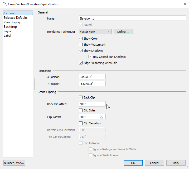 Camera panel of the Cross Section/Elevation Specification dialog where the view can be clipped.