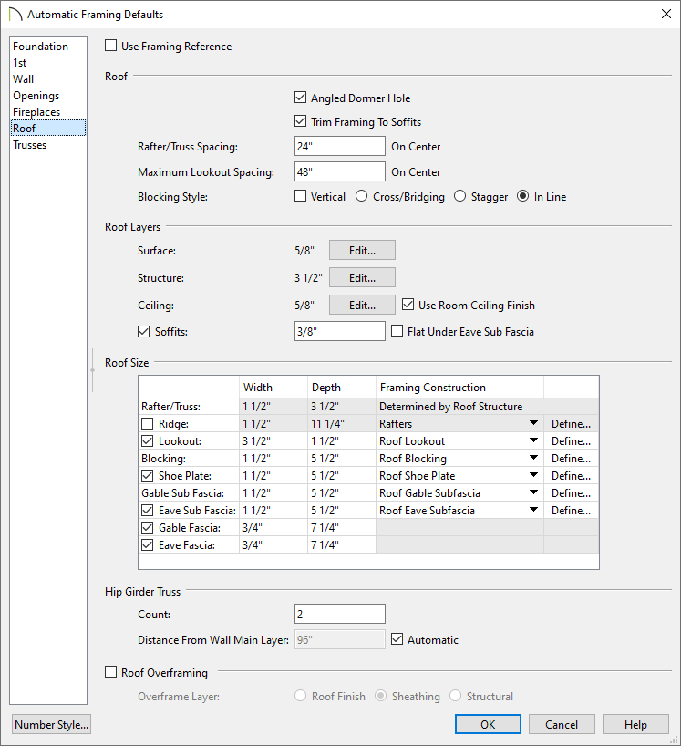 Roof panel of the Automatic Framing Defaults dialog