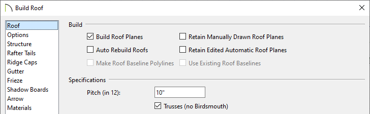 Roof panel of the Build Roof dialog