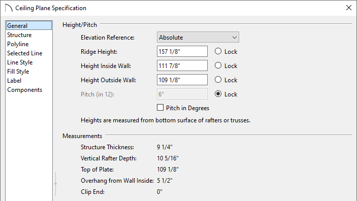Ceiling Plane Specification dialog showing 109 1/8" Height Outside Wall and 6" Pitch
