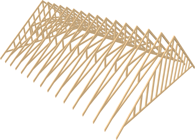 Framing overview displaying scissor and end trusses