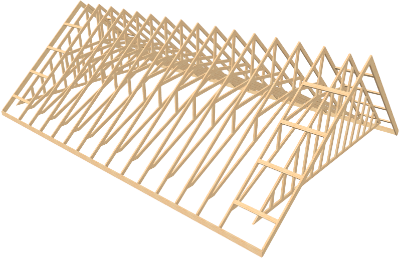 Framing overview displaying scissor and end trusses
