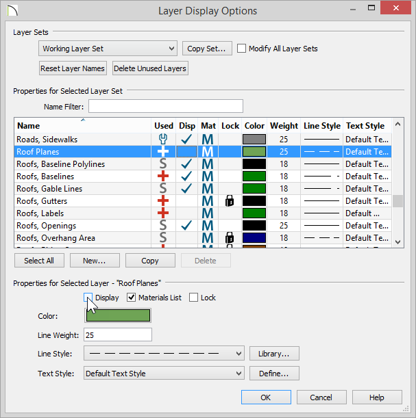 Layer Display Options Layer Display Options dialog with Roof Planes layer deselected for Display