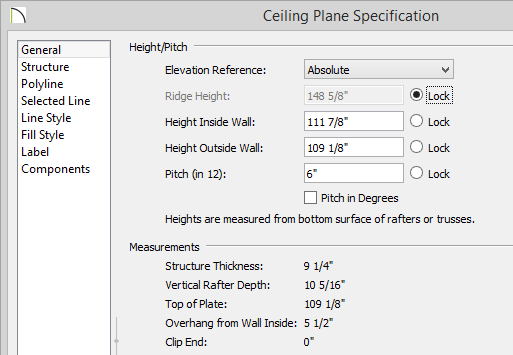 Ceiling Plane Specification Ceiling Plane Specification dialog showing 109 1/8" Height Outside Wall and 6" Pitch