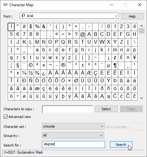 Searching for a character in the Character map