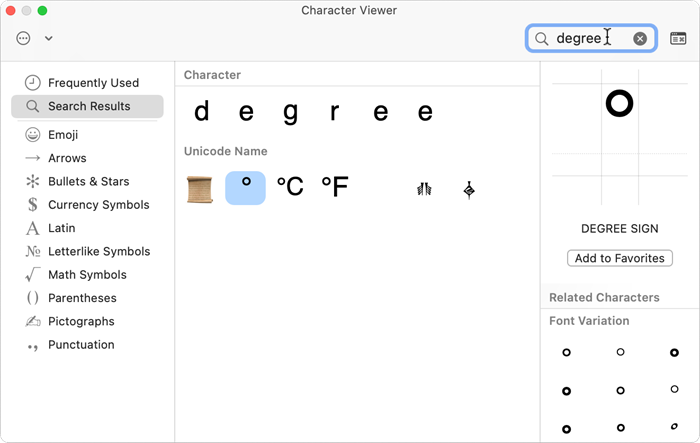 Searching for degree in the macOS Character Viewer