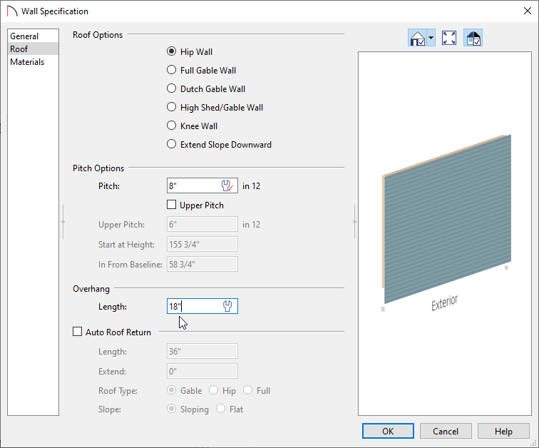 Set Overhang Value in Wall Specification under Roof