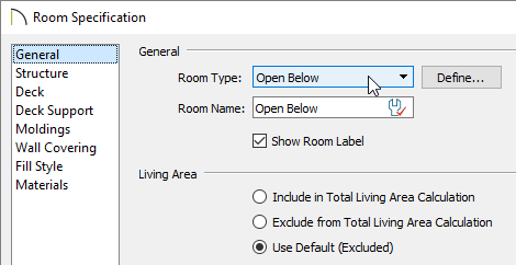 Open Below option chosen from the Room Type drop-down menu on the General panel of the Room Specification dialog.