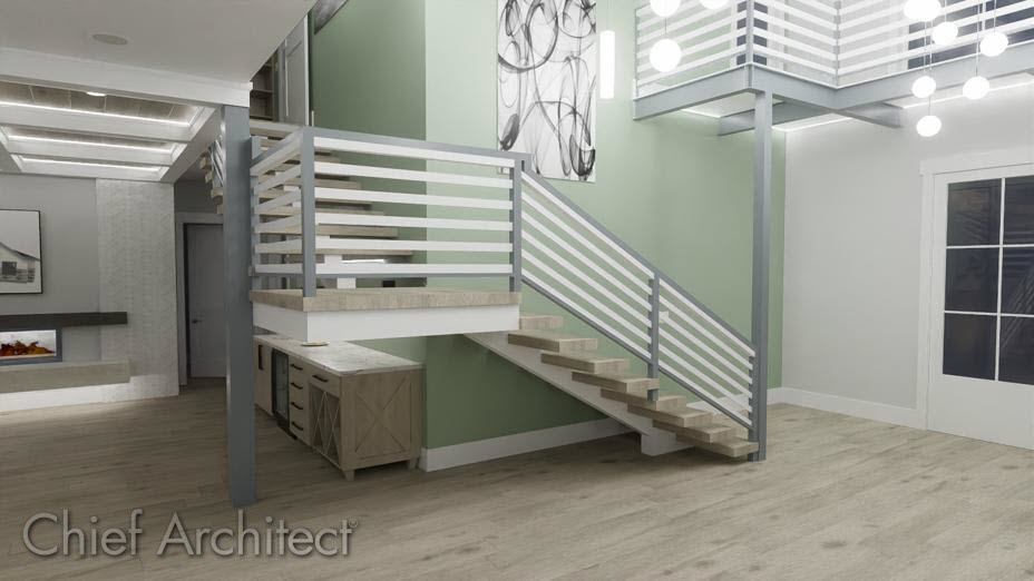 Physically based perspective view of a staircase in the living room