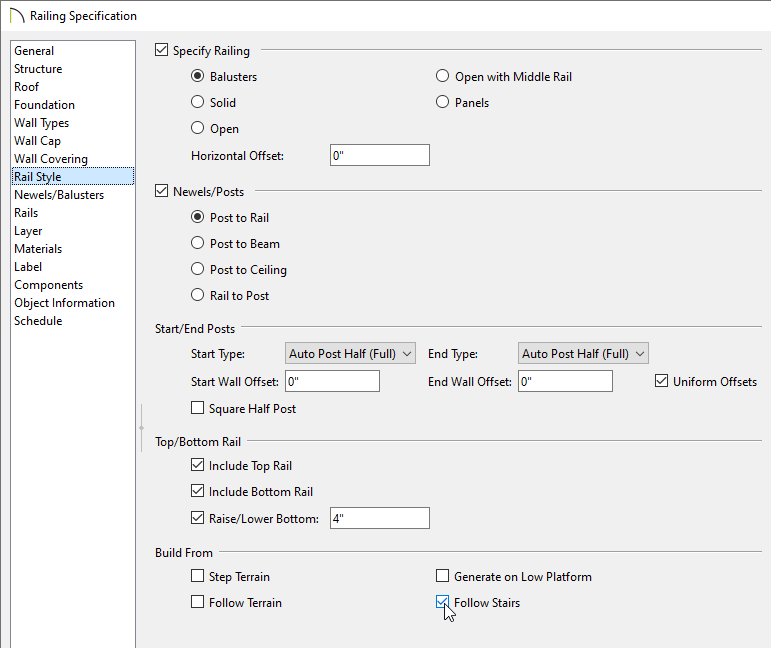 Check Follow Stairs on the Rail Style panel of the Railing Specification dialog