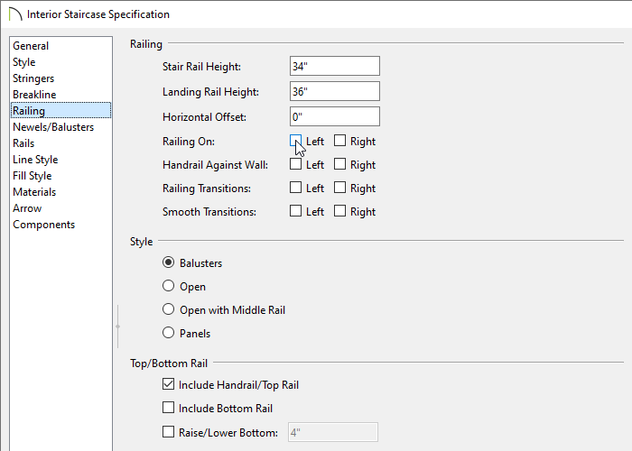 Railing panel of the Staircase Specification dialog