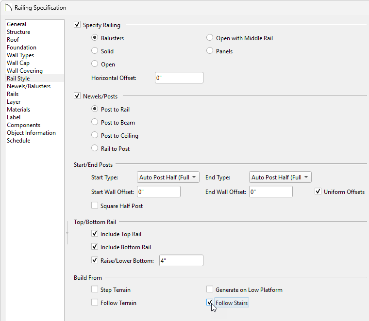 Check Follow Stairs on the Rail Style panel of the Railing Specification dialog