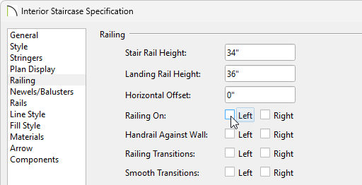 Railing panel of the Staircase Specification dialog