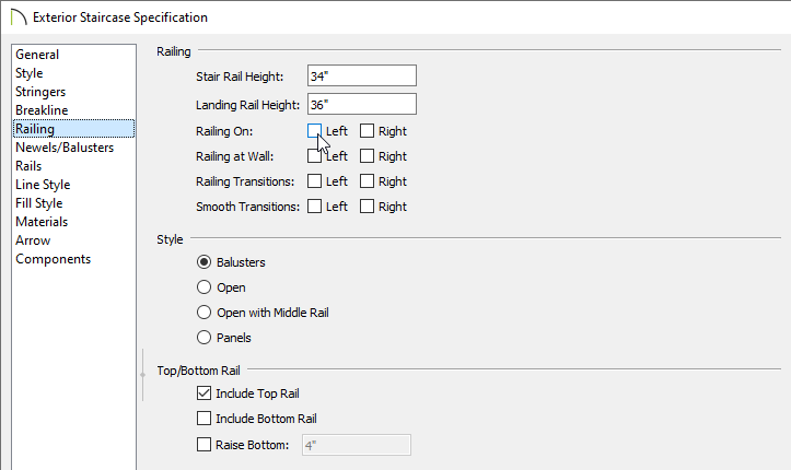 Railing panel of the Staircase Specification dialog