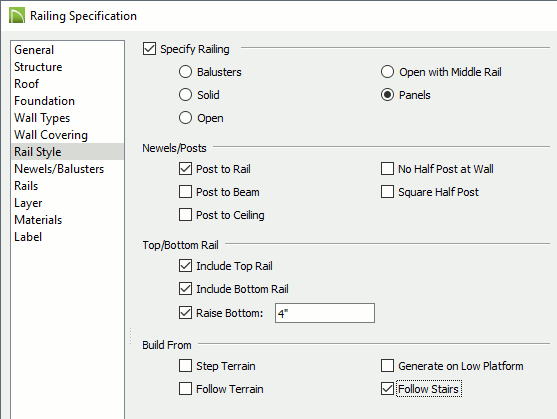Railing specification dialog, specifying panels for stair railings