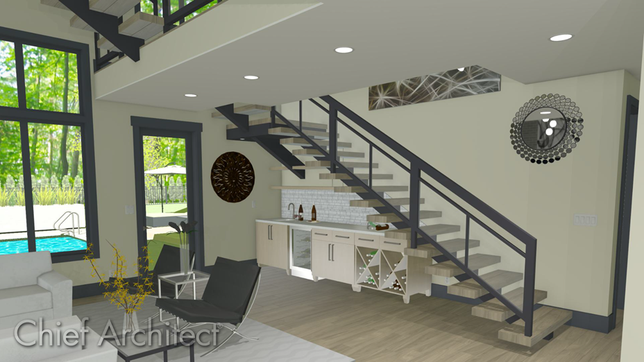 Physically based perspective view of a staircase in the living room