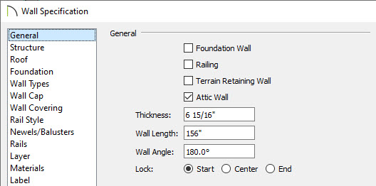 Check the Attic Wall box on the General panel