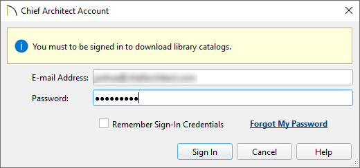 Login dialog where an e-mail address and password can be entered