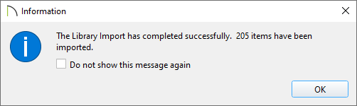 Information message stating the Library Import has completed successfully.