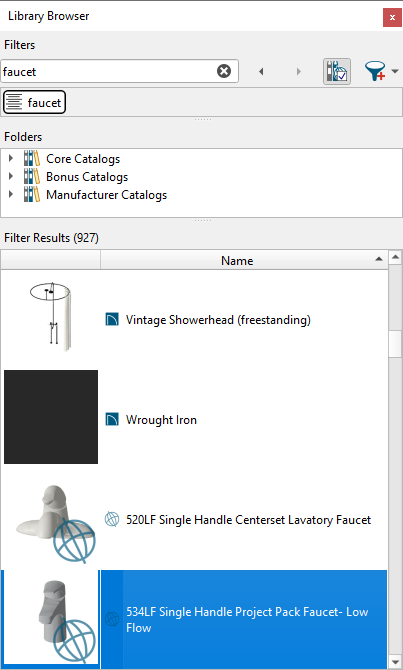 Searching for "faucet" in the Library Browser