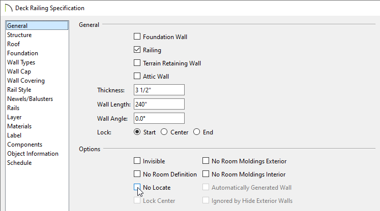 General panel of the Deck Railing Specification dialog