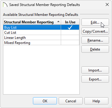 Saved Structural Member Reporting Defaults dialog