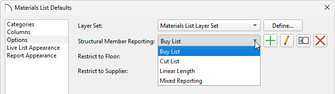 Options panel of the Materials List Defaults