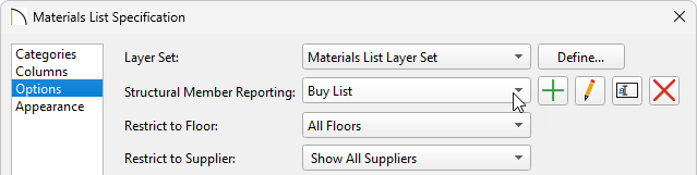 Options panel of the Materials List Specification dialog
