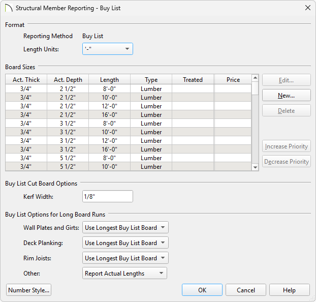 Structural Member Reporting - Default dialog showing Mixed Reporting, Total Linear Length, Cut List and Buy List options