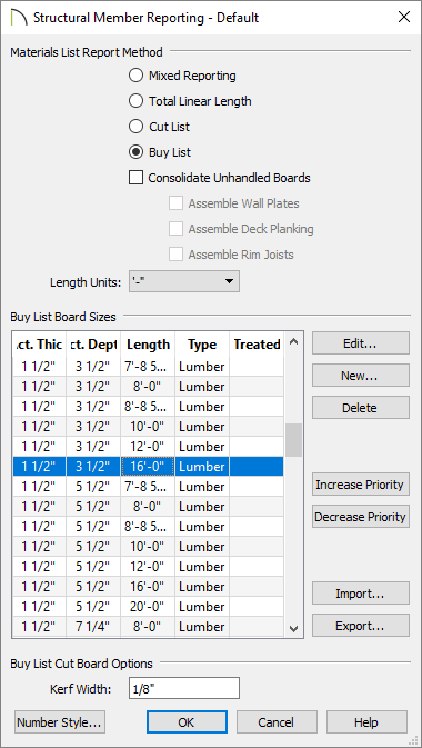 Structural Member Reporting dialog Structural Member Reporting - Default dialog showing Mixed Reporting, Total Linear Length, Cut List and Buy List options