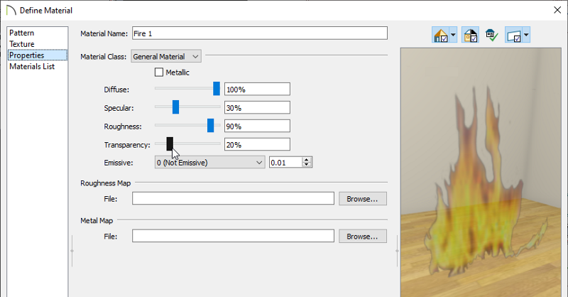 Adjust the Transparency on the Properties panel of the Define Material dialog