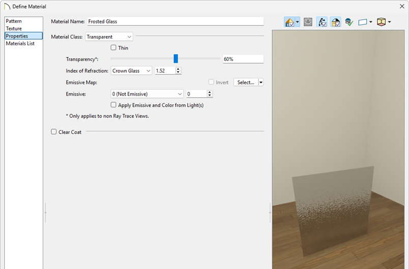 Frosted Glass material changed to Transparent on the Properties panel of the Define Material Dialog. 