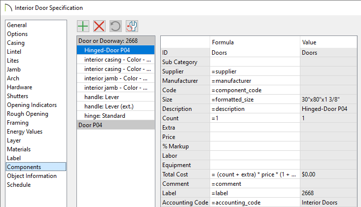 Components panel of an Interior Door Specification