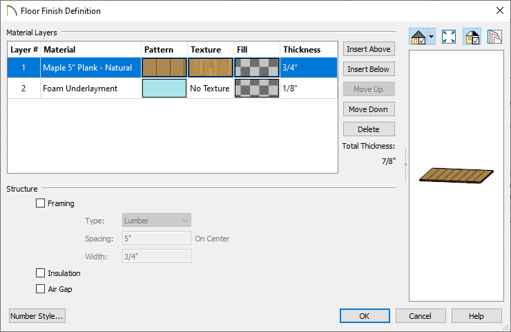 Floor Finish Definition dialog