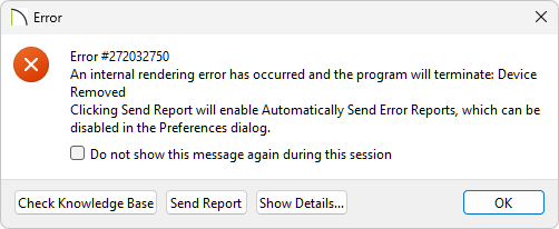 Error message that may occur in Chief Architect Internal rendering error: device removed