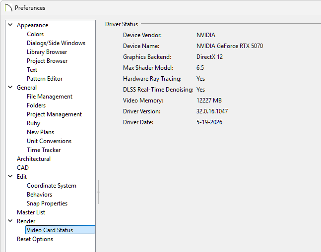 Video Card Status panel of the Preferences dialog
