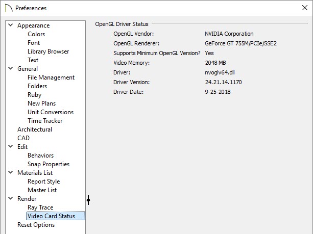 Preferences dialog box open to the Video Card Status panel