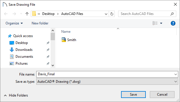 Save Drawing File dialog where a location, name, and file type can be chosen